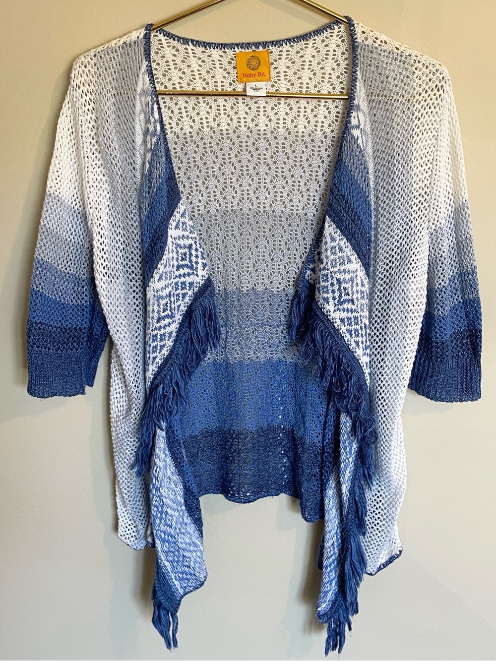 Ruby Rd. Blue and White Ombre Fringe Open-Knit Cardigan